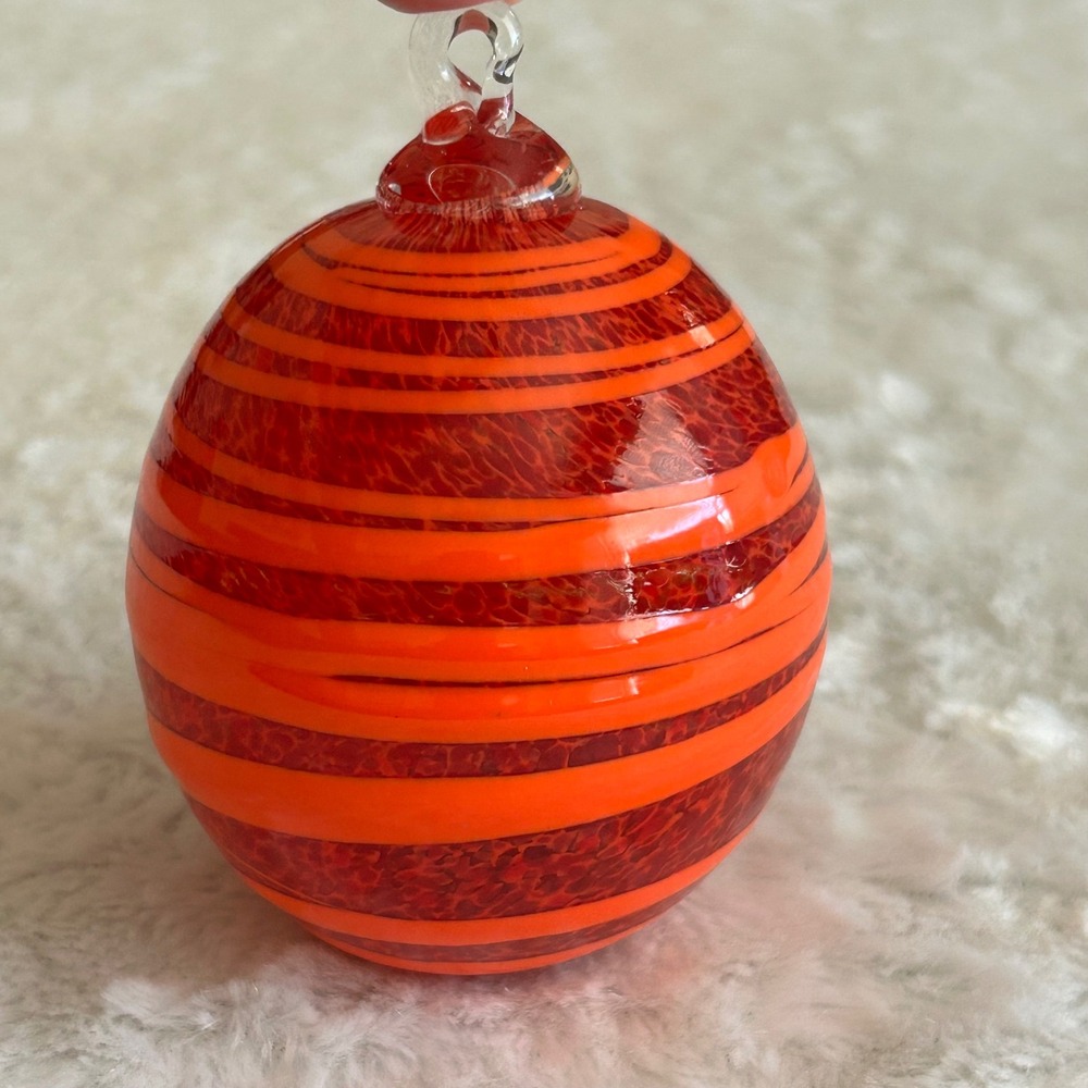 Glass Ornament Orange Striped Excellent Hand Blown Art Glass Contemporary